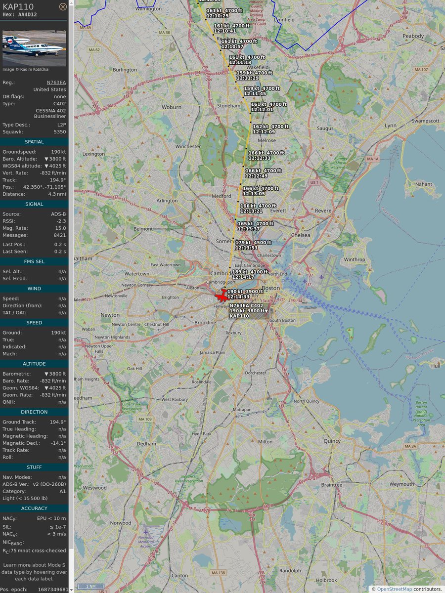 ICAO: #AA4D12
Flt: #KAP110 #CapeAir #BOS-#RKD
First seen: 2023/06/21 08:13:01
Min Alt: 4500 ft MSL
Min Dist: 0.42 mi

#planefence #adsb - planefence.com/medford
globe.adsbexchange.com/?icao=aa4d12