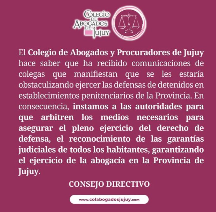 CORREPI's tweet photo. #RepresionEnJujuy

Difundimos comunicado del Colegio de abogados de Jujuy y la lista actualizada de detenidxs.

HOY, TODXS A LAS CALLES. https://t.co/QFuHYyDwFt