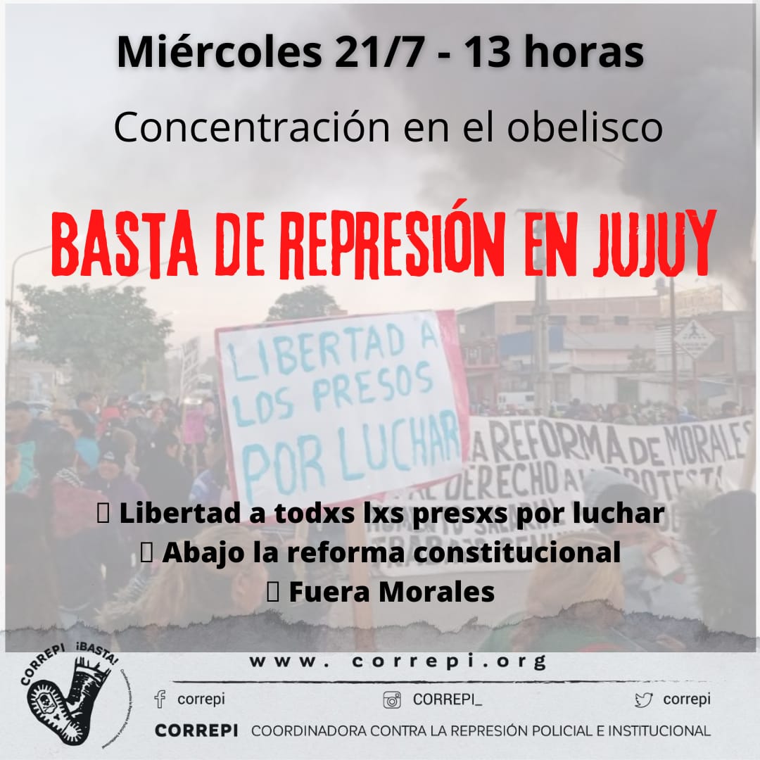 CORREPI's tweet photo. #RepresionEnJujuy

Difundimos comunicado del Colegio de abogados de Jujuy y la lista actualizada de detenidxs.

HOY, TODXS A LAS CALLES. https://t.co/QFuHYyDwFt