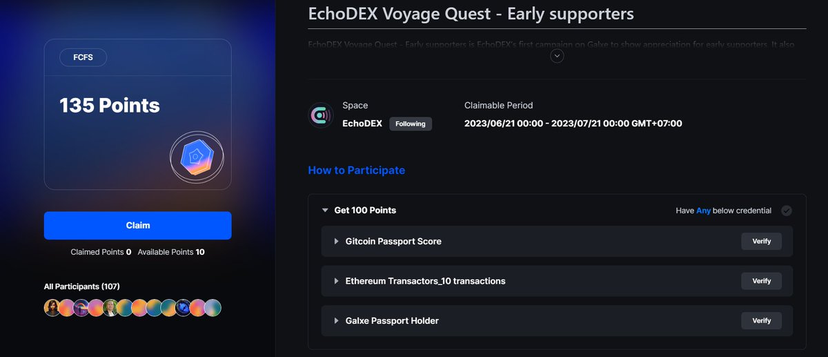 🎉 Thrill to announce that #Echo_DEX is now official on @Galxe Participate, complete all tasks, and accumulate points for a chance to win early supporters rewards! 🔗Head over to Galxe's link: galxe.com/EchoDEX/campai… 🟢 Eligibilities 🟢 1️⃣ Galxe Passport Holder 2️⃣ Gitcoin…