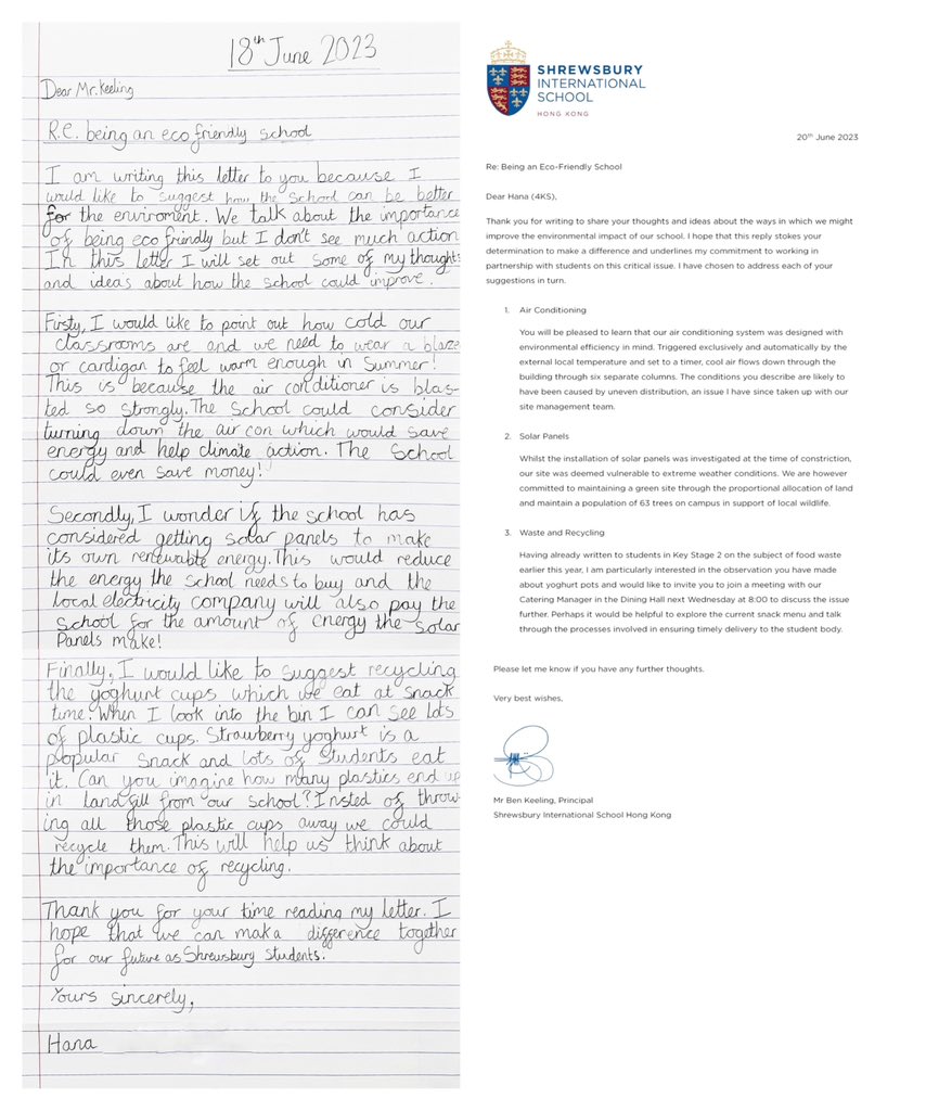 Empassioned environmentalist, Hana, wrote to me this week. Just nine years old, she is determined to make a difference. A meeting with our catering manager awaits…

#WeAreShrewsbury
#TogetherWeFlourish
#SHK5