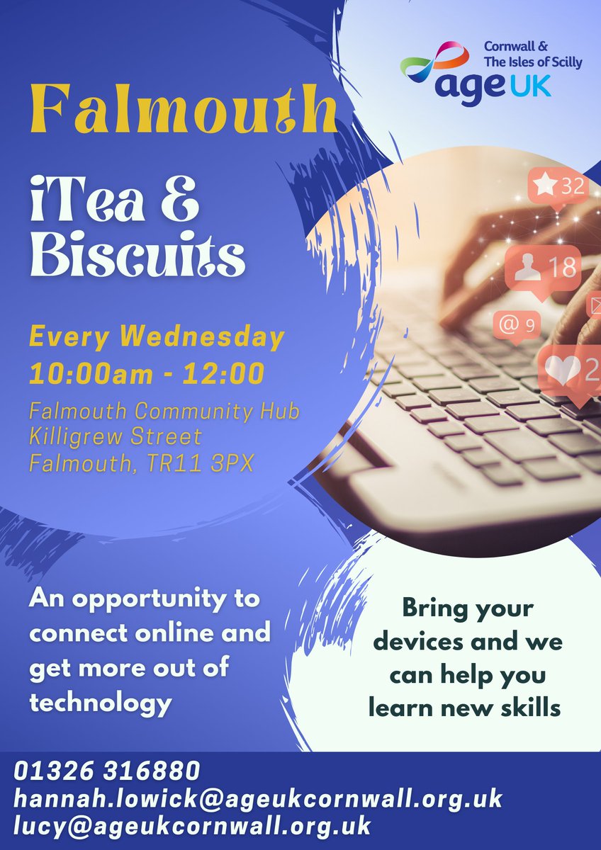 #falmouth hub is searching for a volunteer who could support their iTea & Biscuits sessions 💻😍

The goal of the sessions is to get people digitally connected and understand tech in an ever-changing climate #digitalsupport #volunteer

Could you help?
ageuk.org.uk/cornwall/get-i…