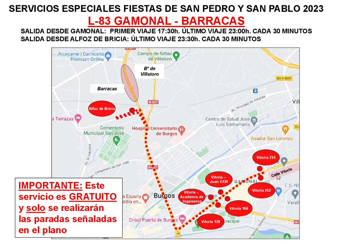 Aytoburgos's tweet photo. 🚍🚍Servicios Especiales de autobuses urbanos #fiestas #Sampedros2023 #Burgos #gratuitos 
➡️➡️L-83 Gamonal-Barracas:cada 30 minutos
👉👉Salida desde Gamonal:Primer viaje 17.30 h. y último viaje 23h
👉👉Salida desde Alfoz de Bricia: último viaje 23h
+ info: https://t.co/RTP9iWSDYw https://t.co/Oa6PJBYdx8