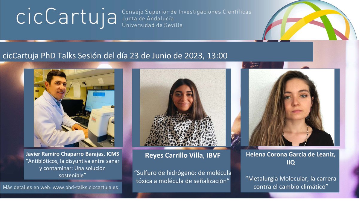 cicCartuja's tweet photo. 📢 Llega una quinta sesión de las #PhDTalks este próximo viernes 23 de junio a las 13:00h en el Salón de Grados de #cicCartuja.   
Para aquellos que no podáis asistir, os dejamos enlace del live: https://t.co/ZdXfJJXZqT

@IIQ_US_CSIC
@ICMSevilla
@IBVF_Sevilla https://t.co/UFpI7WuSaa