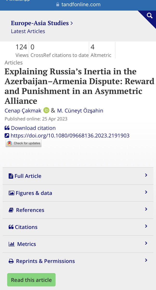 Fakültemiz öğretim Üyesi Doç.Dr.Cüneyt ÖZŞAHİN ve Anadolu Üniversitesi öğretim Üyesi Prof.Dr.Cenap ÇAKMAK’ın kaleme aldığı “Explaining Russia’s Inertia in the Azerbaijan–Armenia Dispute: Reward and Punishment in an Asymmetric Alliance” başlıklı makale  Europe-Asia Studies (SSCI)