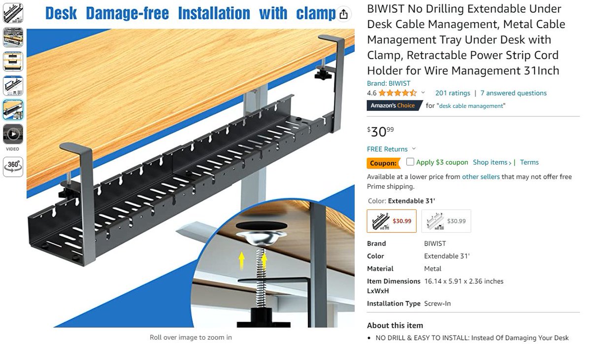 BIWIST Under Desk Cable Management Tray 2 Pieces Steel Under Desk