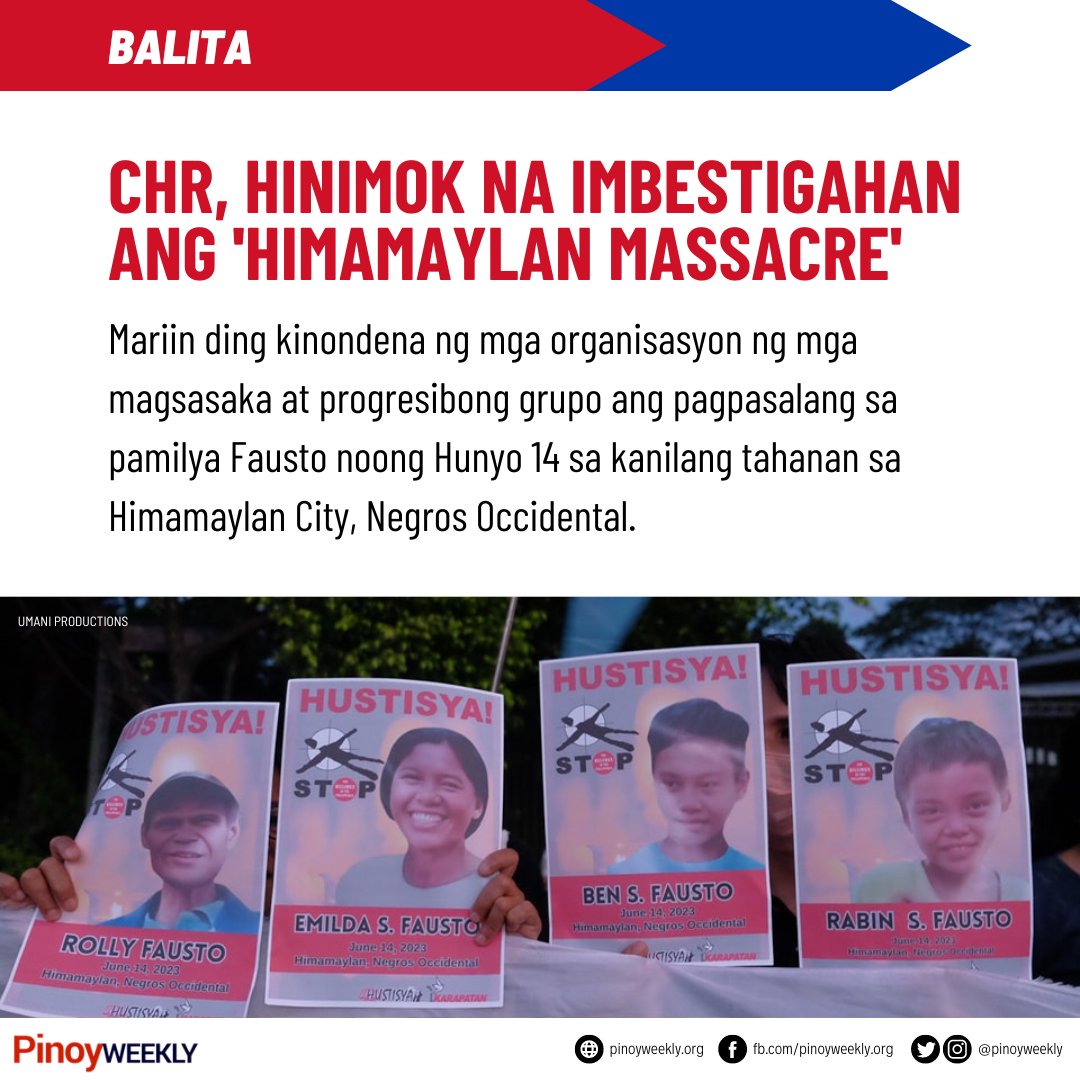 BALITA | CHR, HINIMOK NA IMBESTIGAHAN ANG 'HIMAMAYLAN MASSACRE'

Gabi ng Hunyo 14 nang walang habas na pinagbabaril sa kanilang tahanan ang tatlong mag-iina, habang natagpuang patay ang padre de pamilya sa tubuhan malapit sa kanilang bahay.

BASAHIN: tinyurl.com/ycy24zfe 🔗