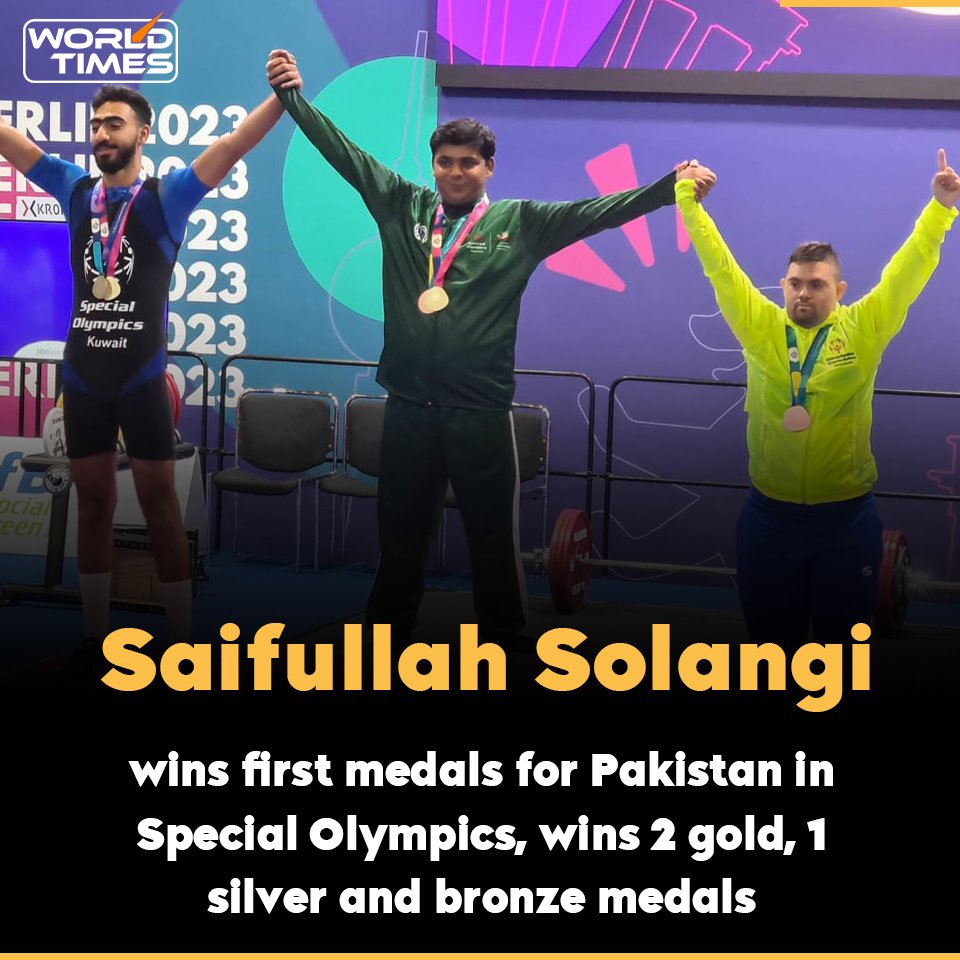 Kudos to Saifullah Solangi for showcasing remarkable strength and determination, as he clinches an impressive 4 medals (2 gold, 1 silver, and 1 bronze) across diverse categories in Powerlifting at the prestigious. #SpecialOlympicsWorldGames2023 #SpecialOlympics