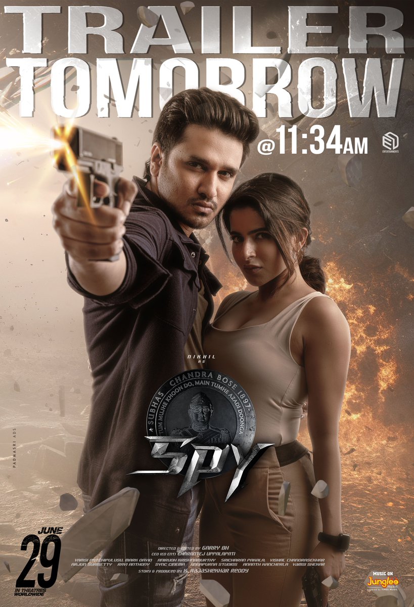 The action-packed #SPYMovie trailer blazes tomorrow at 11:34 AM at AAA Cinemas. 
WW Grand Release on June 29th!
#indiasbestkeptsecret
@actor_Nikhil @Ishmenon @garrybh1988
@tej_uppalapati #edentertainments #KRajashekarreddy  
Publicity Designs:@ananth_designer @Ananthkancherla