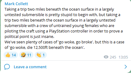 DrMarianaClaire's tweet photo. #MarkCollett aka #PatrioticAlternative There are 5 people onboard the missing submersible. None of them are female. https://t.co/qtc97xvtHB