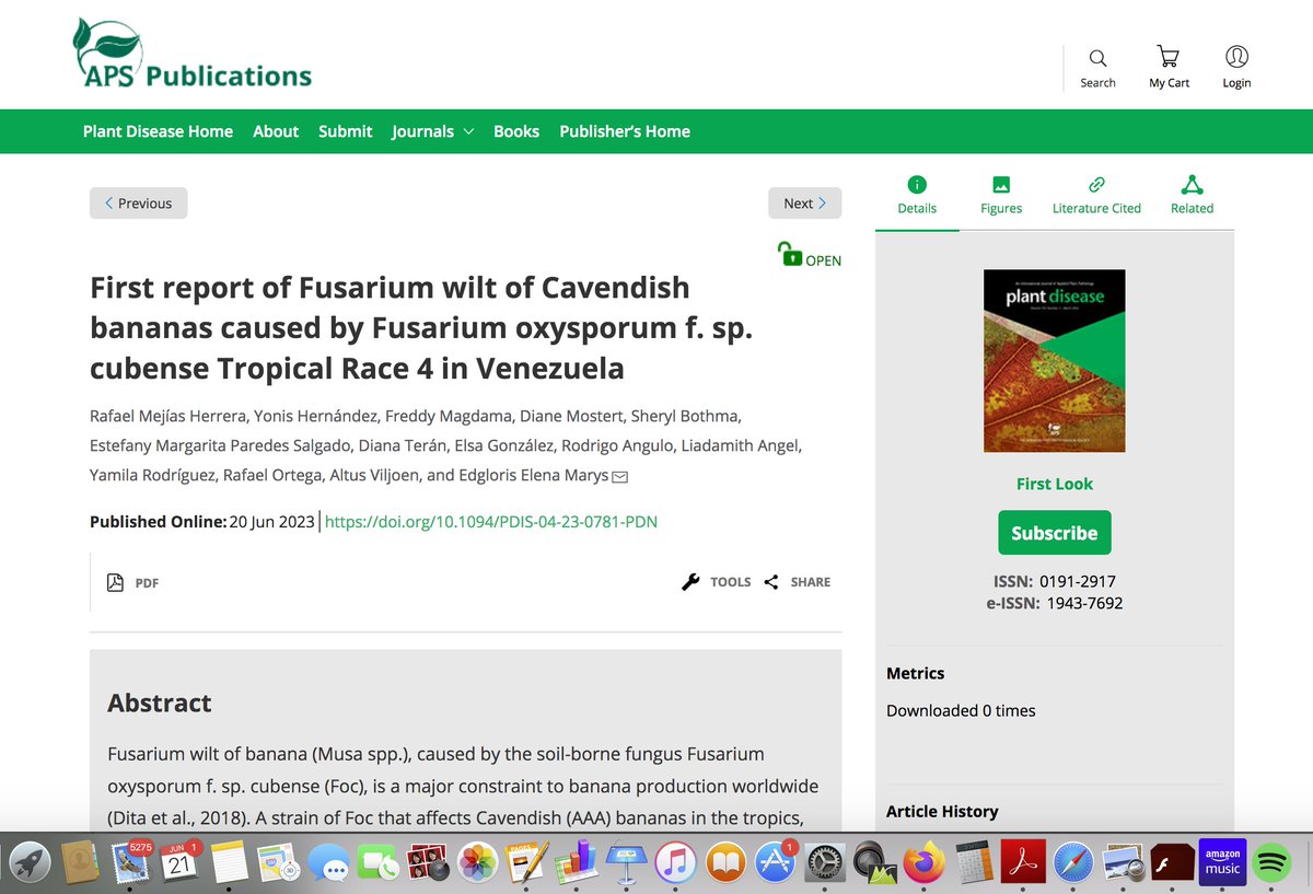 Check out the 'First Look' version of our <a href="/PlantDiseaseJ/">Plant Disease</a> paper: 
apsjournals.apsnet.org/doi/10.1094/PD…
A great team effort 🍄
#FocTR4 #PlantHealth #EmergingPlantDiseases #Venezuela #Fusarium