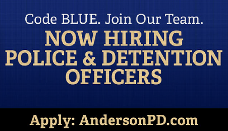 Join the City of Anderson Police Department for a drop in and speak with officers about a career in law enforcement.

Thursday June 22, 2023 from 4-7pm at the Anderson Recreation Center, 1107 North Murray Avenue in Anderson.  

Learn more at andersonpd.com