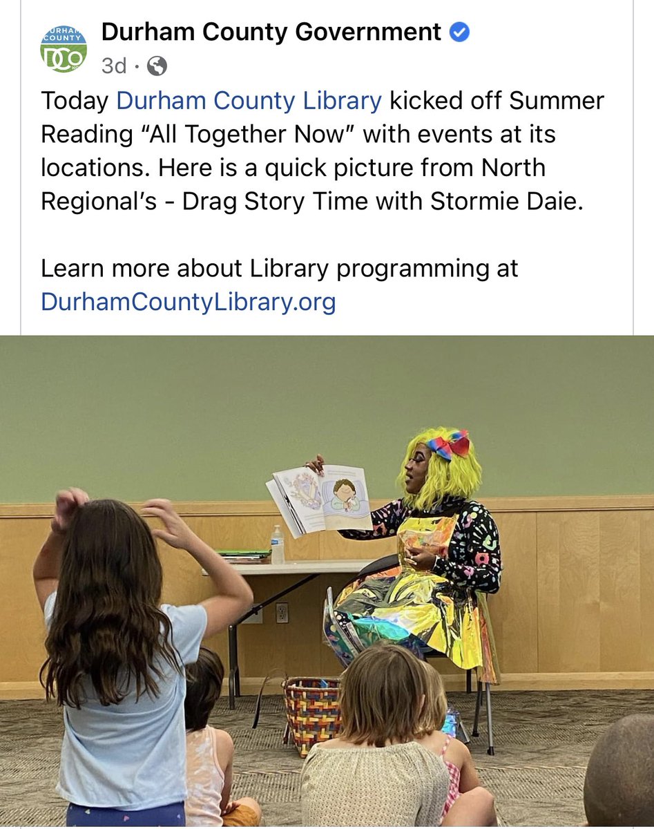 EnnVee3's tweet photo. #DurhamCountyLibrary is soliciting the assistance of drag queens to help children get excited about reading, while also reinforcing that dressing in drag is normal. Why aren’t drag queens volunteering at nursing homes? The elderly love entertaining visitors! https://t.co/15j45baBS6