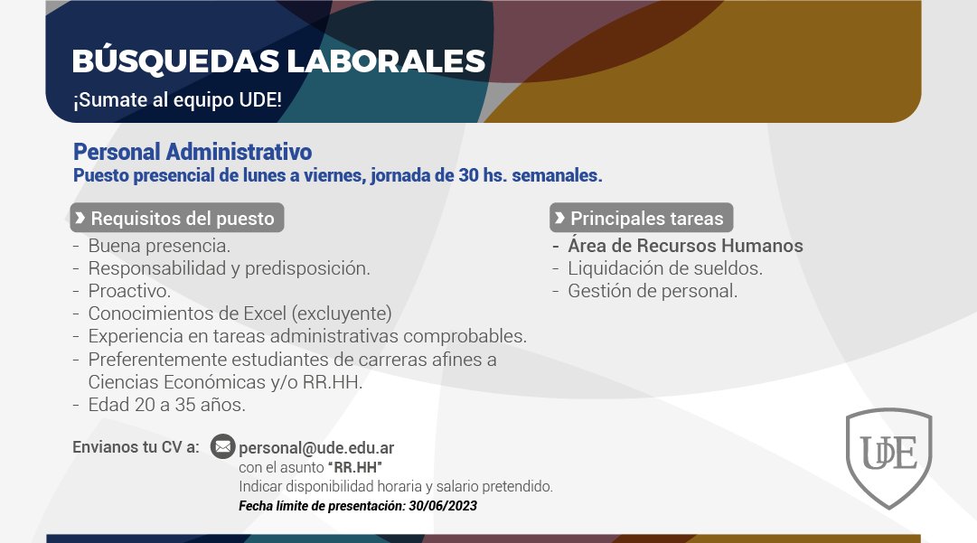 UniDelEsteLP's tweet photo. ✅Área de RRHH
Enviar CV a: personal@ude.edu.ar con el asunto "RRHH" https://t.co/bNwp9IAlvU