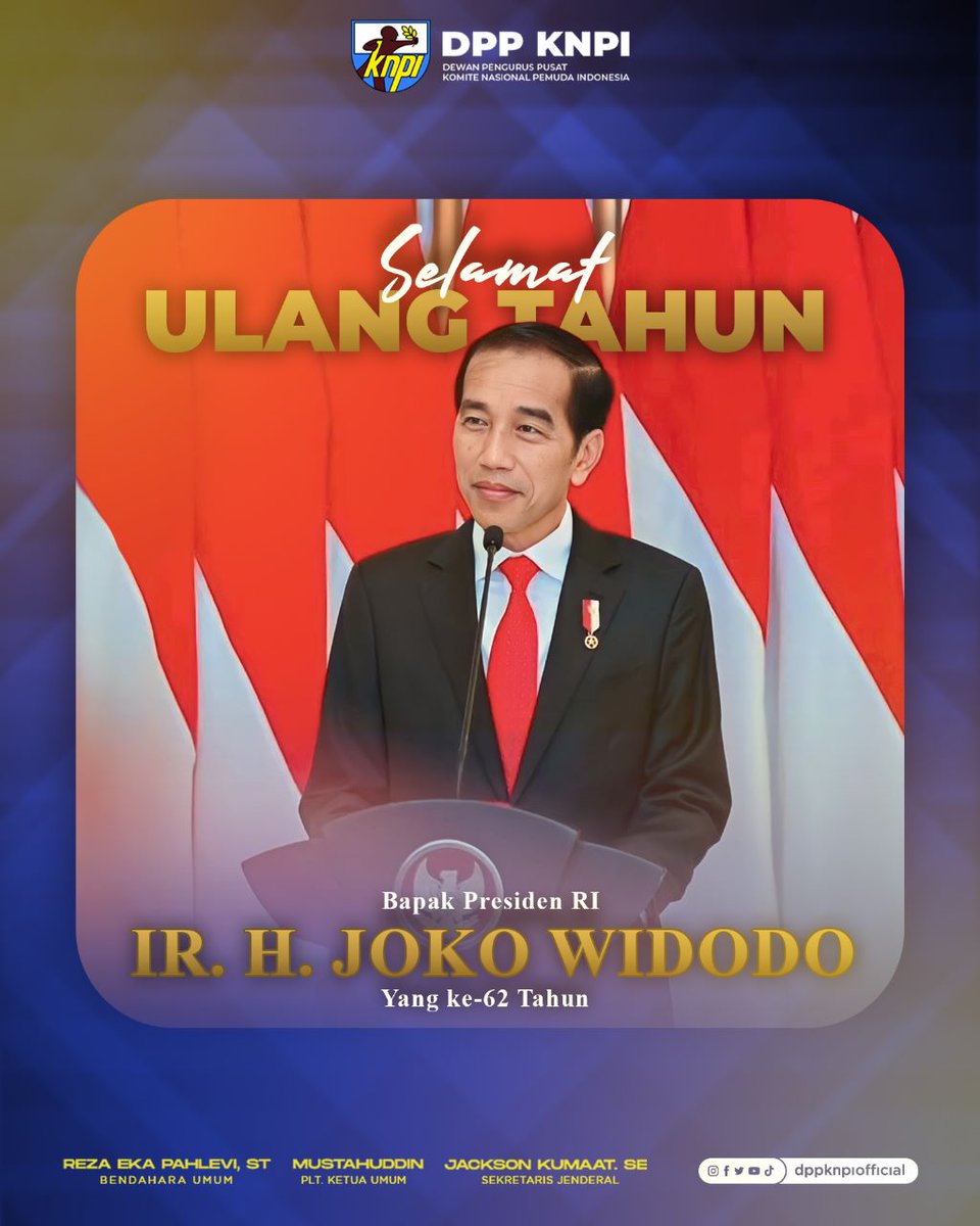 Selamat Ulang Tahun Bapak Ir. H. Joko Widodo (Presiden Republik Indonesia) ke- 61 Tahun

Smoga diberi umur panjang, sehat selalu, dan selalu ttp smangat demi berjayanya Indonesia d masa depan

<a href="/mustahuddin/">Mustahuddin</a>
<a href="/jacksonkumaat/">Jackson Kumaat</a>
<a href="/jokowi/">Joko Widodo</a>
<a href="/setkabgoid/">Sekretariat Kabinet</a>
<a href="/KemensetnegRI/">Sekretariat Negara</a>
<a href="/KSPgoid/">Kantor Staf Presiden</a>

#KNPI
#Jokowi