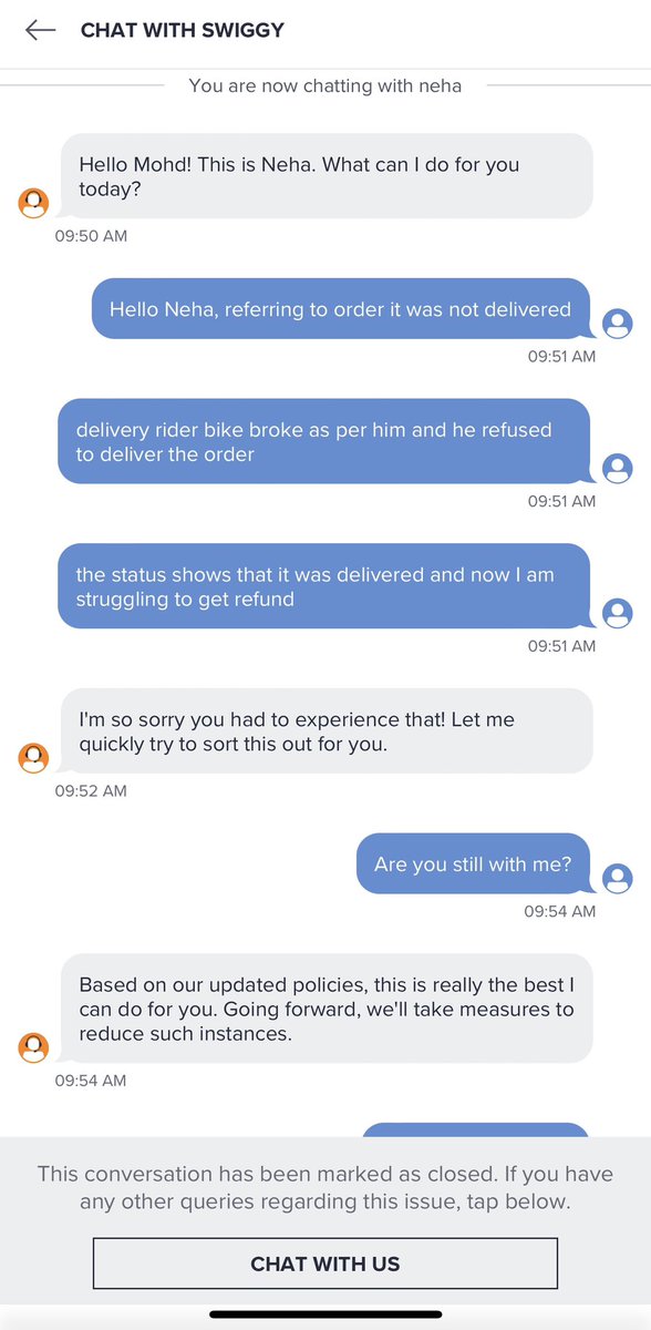 salman9889's tweet photo. 🚫 Disappointed with SWIGGY INDIA🚫

I recently ordered food from SWIGGY INDIA and unfortunately, my order never arrived. Despite multiple attempts to contact their customer support, I haven't received any resolution or refund for the non-delivered food.
#CustomerService #swiggy https://t.co/aNcSdh5BR2