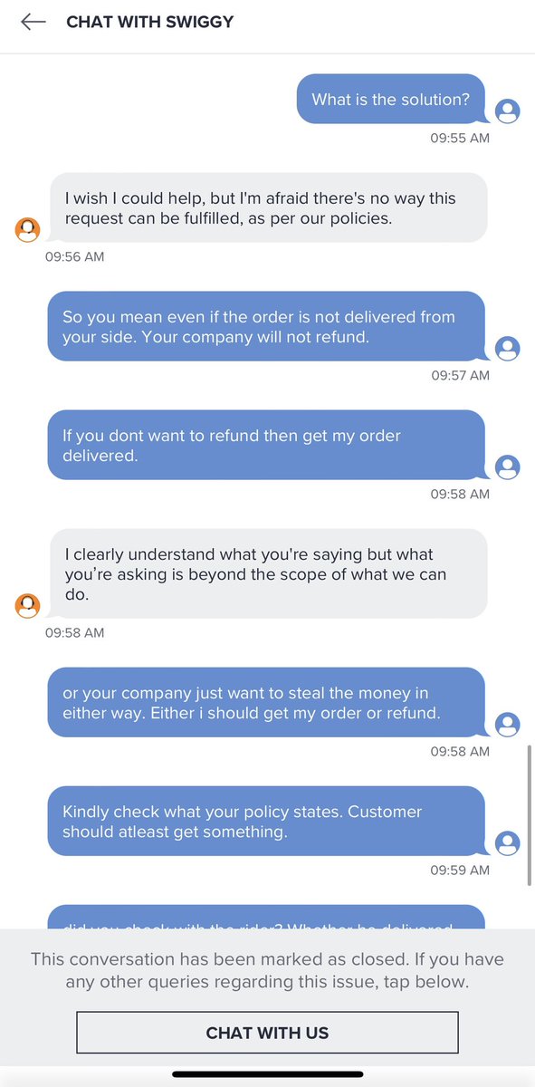 salman9889's tweet photo. 🚫 Disappointed with SWIGGY INDIA🚫

I recently ordered food from SWIGGY INDIA and unfortunately, my order never arrived. Despite multiple attempts to contact their customer support, I haven't received any resolution or refund for the non-delivered food.
#CustomerService #swiggy https://t.co/aNcSdh5BR2