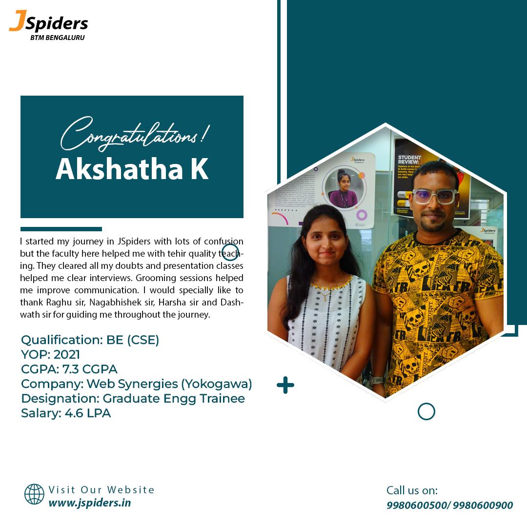 #Congratulation Akshatha K #manualtesting #Developer #Software #Recruitment #Java #webtechnology #technology #sql #HTML #CSS #Django #Students #Training #skills #job #placements #Gethired #qspiders #jspiders #btmlayout #Bengaluru