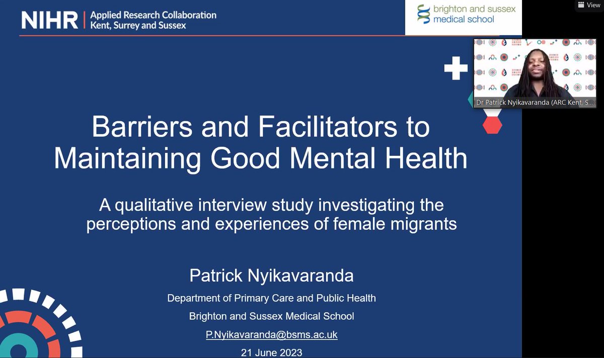 As part of @NIHRARCs national webinar series: Mental health in our modern world we hear from @ThePatrickNyika showcasing his @ARC_KSS PhD project today at the #NIHRARCs Mental health & social inclusion #ARCseminar 💻

More here ➡️tinyurl.com/ymxvmj7e

#arckssresearchweek2023