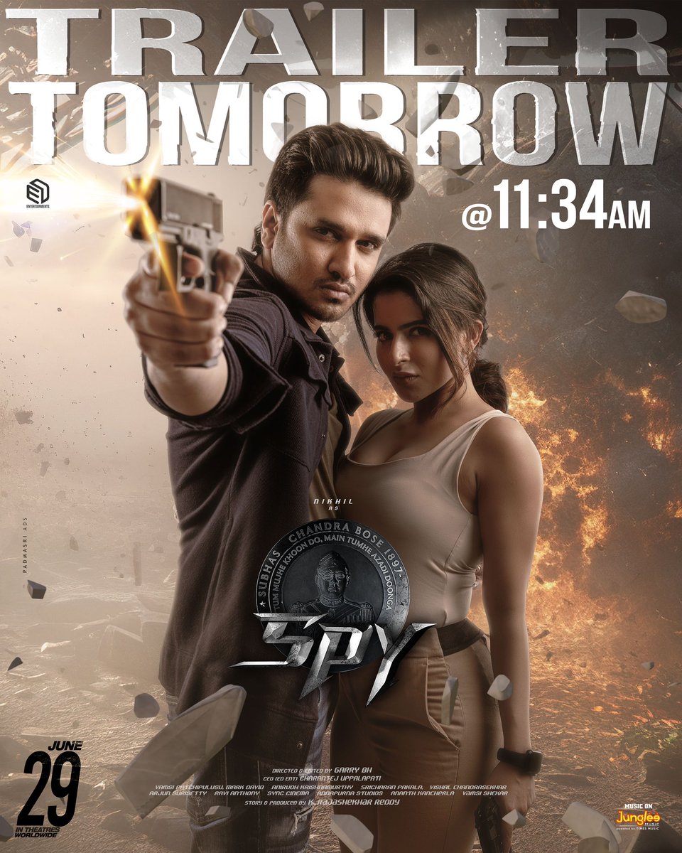 Trailer of #SPY tomorrow @ 11:34 am 💥💥💥 at AAA cinemas #IndiasBestKeptSecret 
@AbhinavGomatam @sanya_thakurrr @tej_uppalapati @garrybh1988 @vamsipatchipulusu @sricharanpakala