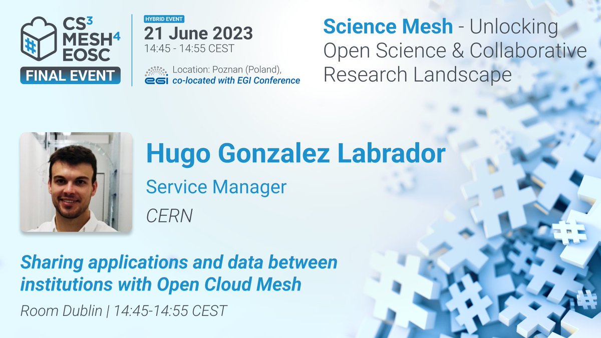 cs3org's tweet image. 📌 #CS3MESH4EOSC at the @EGI_eInfra #EGI2023!  

📢Hugo Gonzalez Labrador @CERN is presenting sharing applications and #data between institutions with Open #Cloud Mesh today at 14:45 CEST #ScienceMesh

🙌Learn more 
cs3mesh4eosc.eu/news-events/ev…