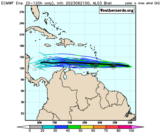 #Hurricane  #TropicalStormBret

Tropical Storm Bret continues to become better organized as it churns slowly North-Westward.

The Lesser Antilles should be on guard.

PANEL 3 SHOWS COMPUTER-RUN "spaghetti model". i.e., tracks of likely paths for this storm: