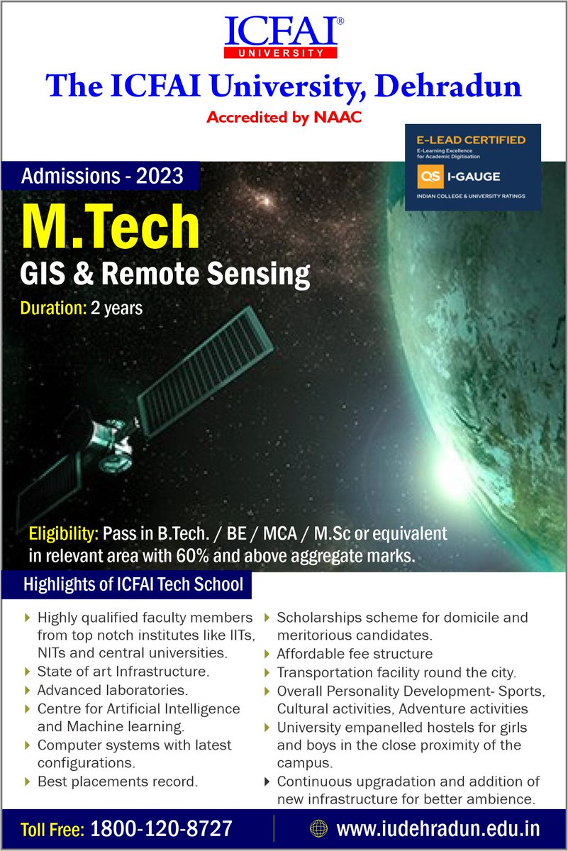 icfaidehradun's tweet image. Enroll in the M.Tech (GIS &amp;amp; Remote Sensing) Programs 2023 at ICFAI University, Dehradun. 

Apply Today! : bit.ly/41rAmaz

#ICFAIUniversity #MTechPrograms #GIS #RemoteSensing #HigherEducation #Scholarships