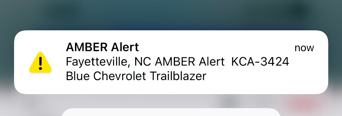 Amber alert just issued in Fayetteville NC Blue Chevy Trailblazer lic#KCA-4324 no further details