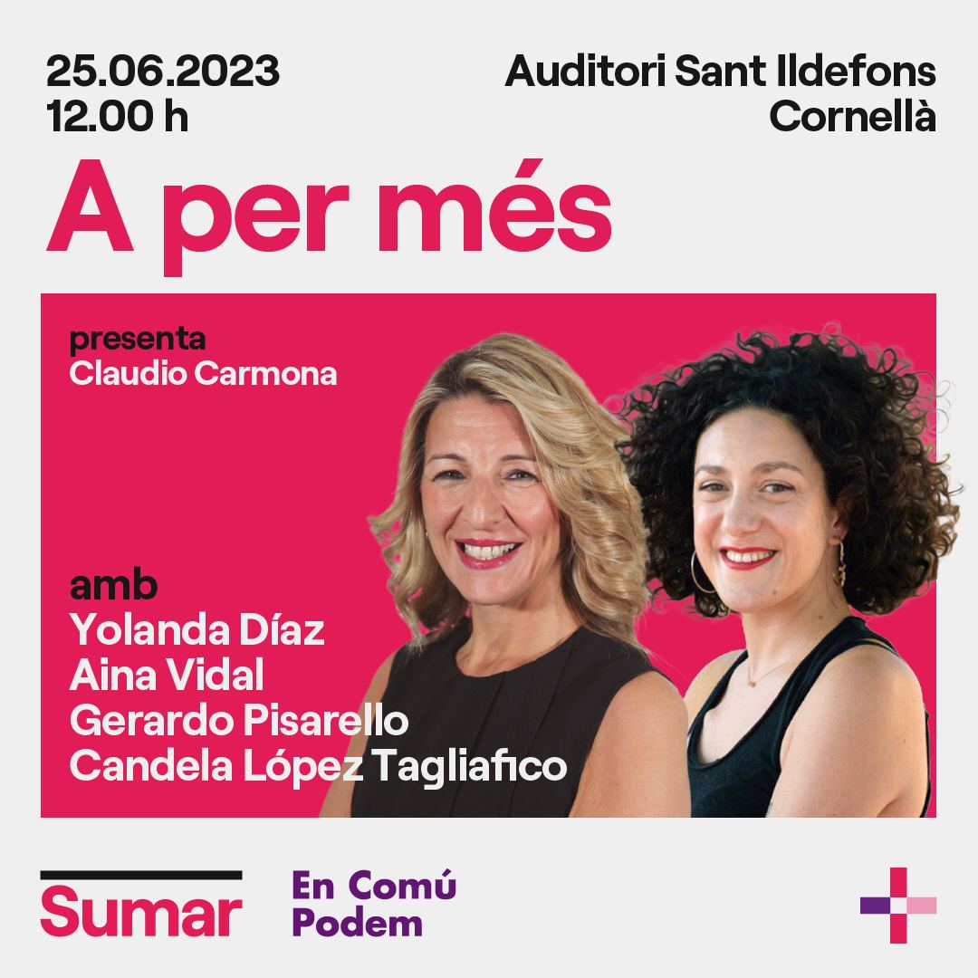 Aquest diumenge 25/06 Yolanda Díaz estarà a Catalunya amb els nostres candidats <a href="/AinaVS/">Aina Vidal Sáez 🔻🇵🇸</a>, <a href="/G_Pisarello/">Gerardo Pisarello</a> i Candela López.

Per seguir avançant i sortir a guanyar un país a favor el #23J🔜

Serà a les ⏰12h a 📍l’Auditori de Sant Ildefons de #Cornellà.