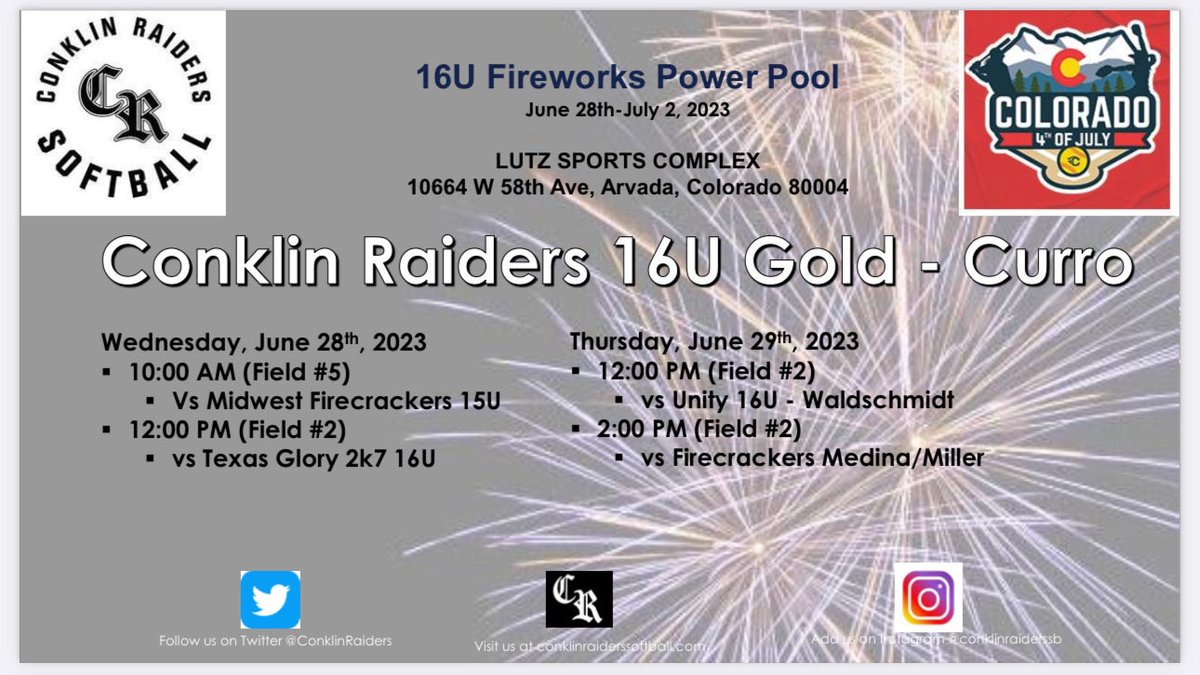 Raiders Fastpitch (@conklinraiders) on Twitter photo Our Conklin Raiders 16U Gold Team is getting ready to head out to Colorado! Come see these awesome athletes at the LUTZ Sports Complex! <a href="/COSparkFire/">CO 4th of July</a> <a href="/triplecrownspts/">Triple Crown Sports</a> Our Conklin Raiders 16U Gold Team is getting ready to head out to Colorado! Come see these awesome athletes at the LUTZ Sports Complex! <a href="/COSparkFire/">CO 4th of July</a> <a href="/triplecrownspts/">Triple Crown Sports</a>