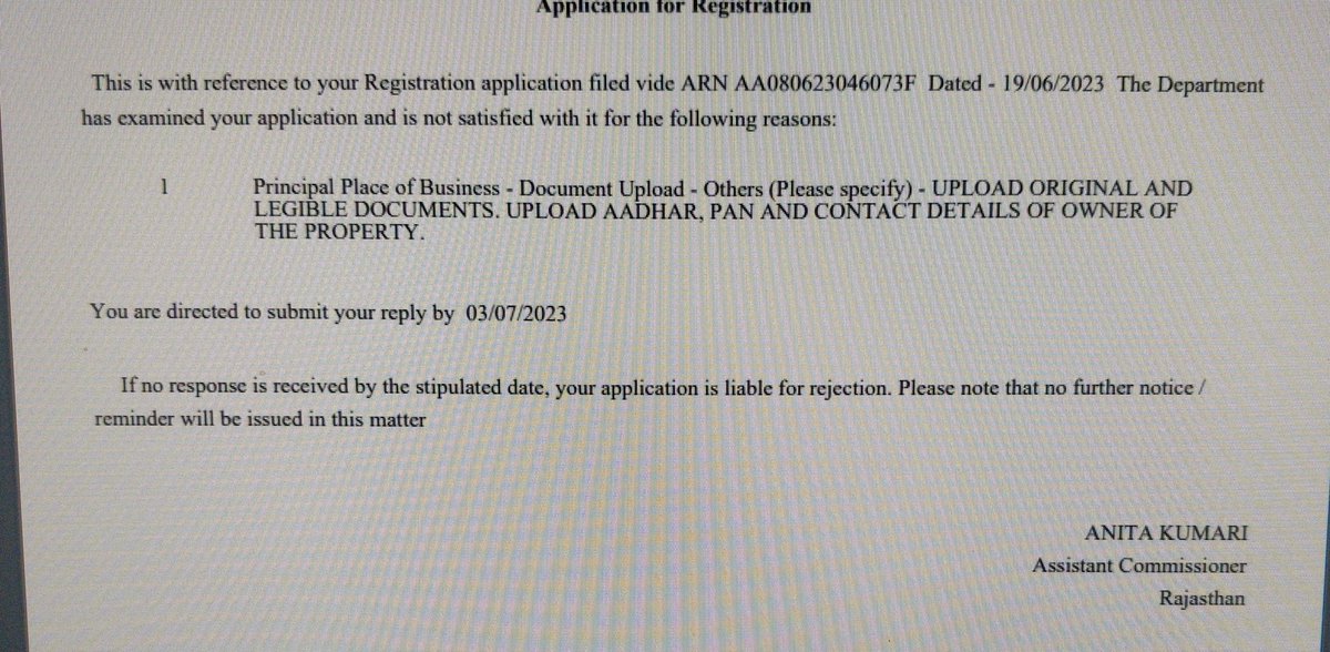 caharshitbindal's tweet photo. @FinMinIndia @cbic_india @GSTJAIPURCOMMT
Just because the applicant belong to the other state, we are getting notices and rejection for registration continuously, applied for registration second time and now officer is asking for kyc and contact details for owner of property https://t.co/2BFMHNDu3o