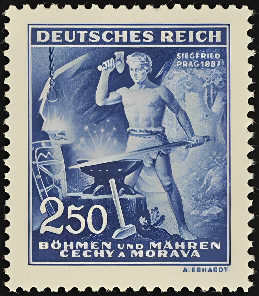 [5/10]
A 1943 Richard Wagner Commemoration Stamp, also from the Protectorate. It depicts Siegfried, from Der Ring des Nibelungen - a cycle of four epic music dramas including famous compositions such as Götterdämmerung or the Ride of the Valkyries