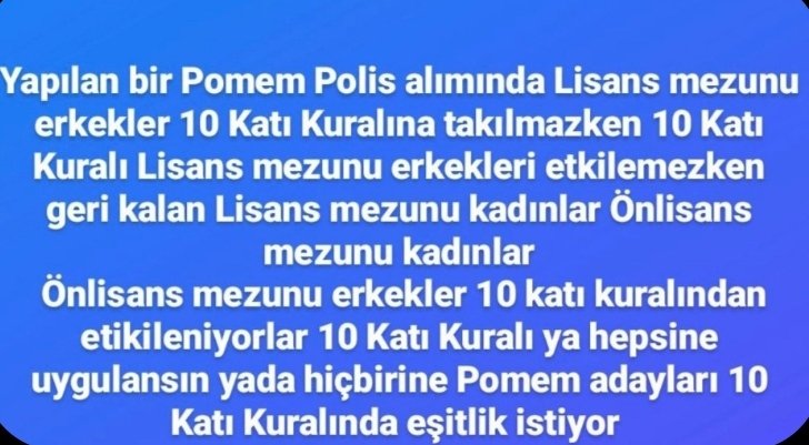 Pomem Polis alımında 10 katı kuralının kaldırılması isteniyor. Uygulamadaki eşitsizlik sebebiyle mağdur olan kardeşlerimizin önü 30. Dönem mülakatları için açılmalı, adaletsizlik son bulmalıdır. 
<a href="/AliYerlikaya/">Ali Yerlikaya</a> 
<a href="/EmniyetGM/">Türk Polis Teşkilatı</a> 
<a href="/RTErdogan/">Recep Tayyip Erdoğan</a> 
<a href="/dbdevletbahceli/">Devlet Bahçeli</a> 
#pomem10katmağduru