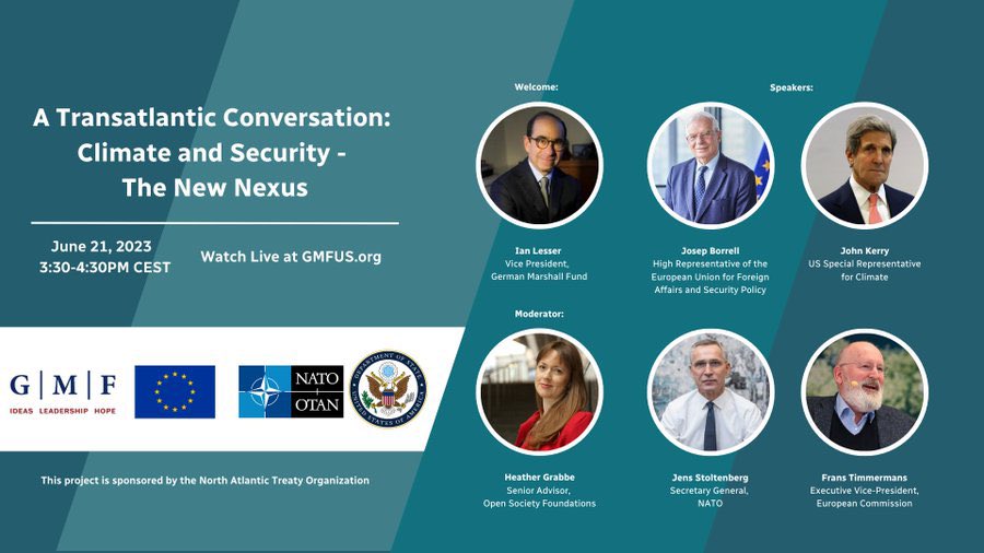 🔴Watch live at 15H30 CET
HR/VP @JosepBorrellF will join @JohnKerry, @TimmermansEU, @jensstoltenberg & @HeatherGrabbe to discuss climate & security in the context of a transatlantic conversation on New Nexus

The event is organised by @gmfus⤵️
audiovisual.ec.europa.eu/en/ebs/live/2
#EUdiplomacy