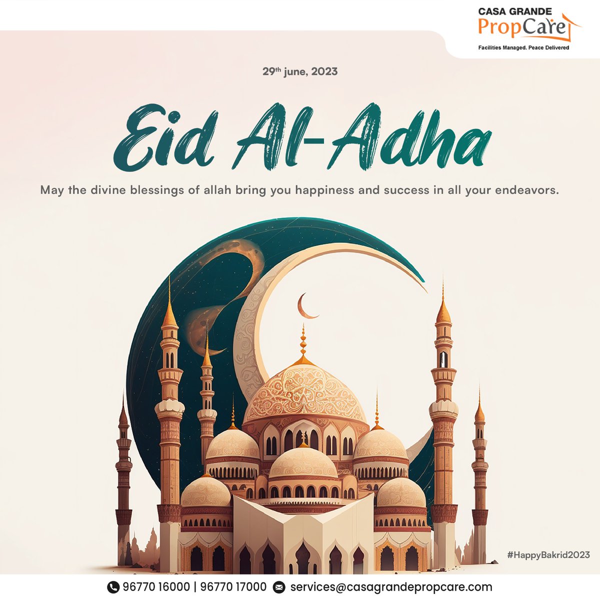 Sending heartfelt Bakrid wishes to all celebrating this joyous occasion! May the blessings of Eid bring happiness, peace, and prosperity to your lives. #BakridBlessings #EidMubarak #JoyfulCelebrations #Casagrandepropcare