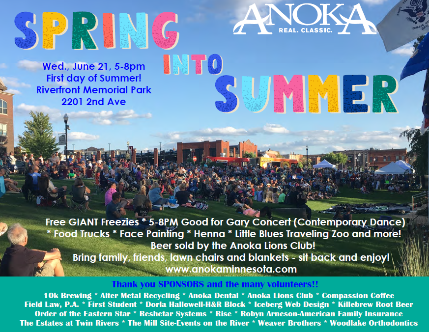 Join us tonight for our Spring into Summer event 
#firstdayofsummer #anokamn #anoka #cityofanoka
