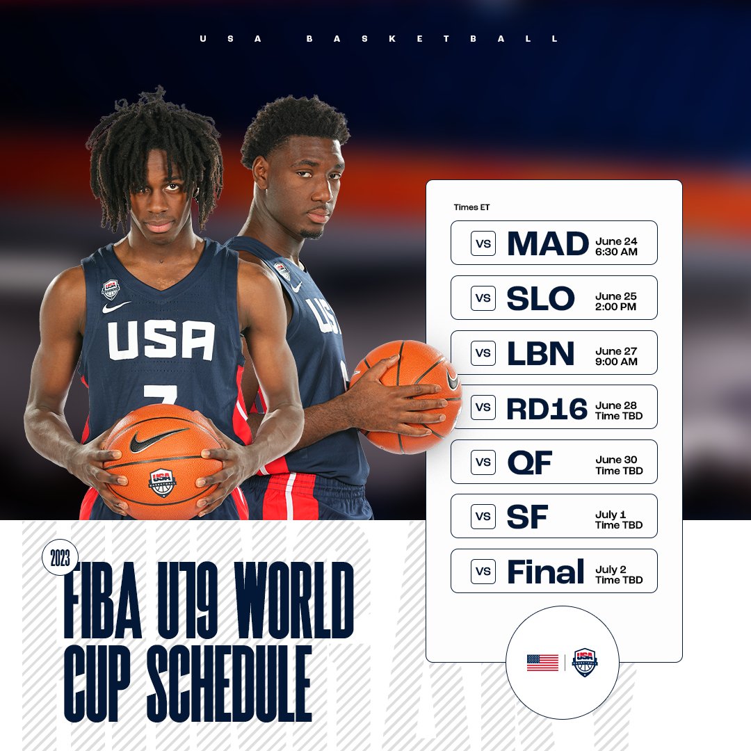 The road to gold begins Saturday 🇺🇸 #USABMU19 

June 24 vs 🇲🇬
June 25 vs 🇸🇮
June 27 vs 🇱🇧

All games streaming live at YouTube.com/FIBA