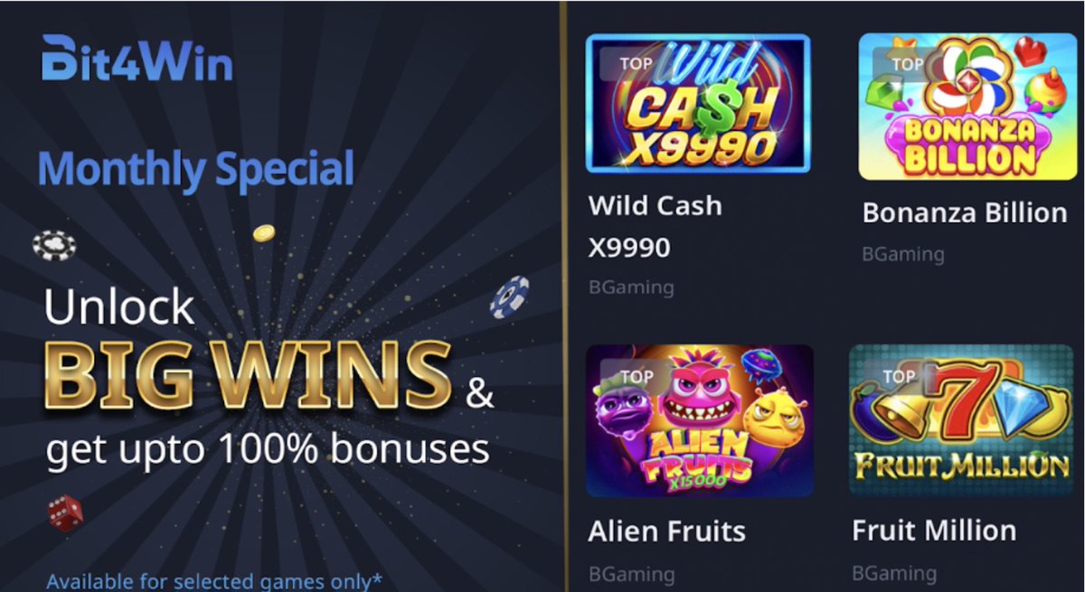 Bit4Win's tweet photo. Get ready for a thrilling month at Bit4win! 

🎰💰 Our monthly special offer is here, and it's bigger and better than ever! 

💯 Exclusive bonuses
🎡Free spins
🤑Bigger Wins

Visit Bit4win.comand experience the ultimate online casino adventure! 

#MonthlySpecialOffer #Bit4win https://t.co/N80KuxKoZQ