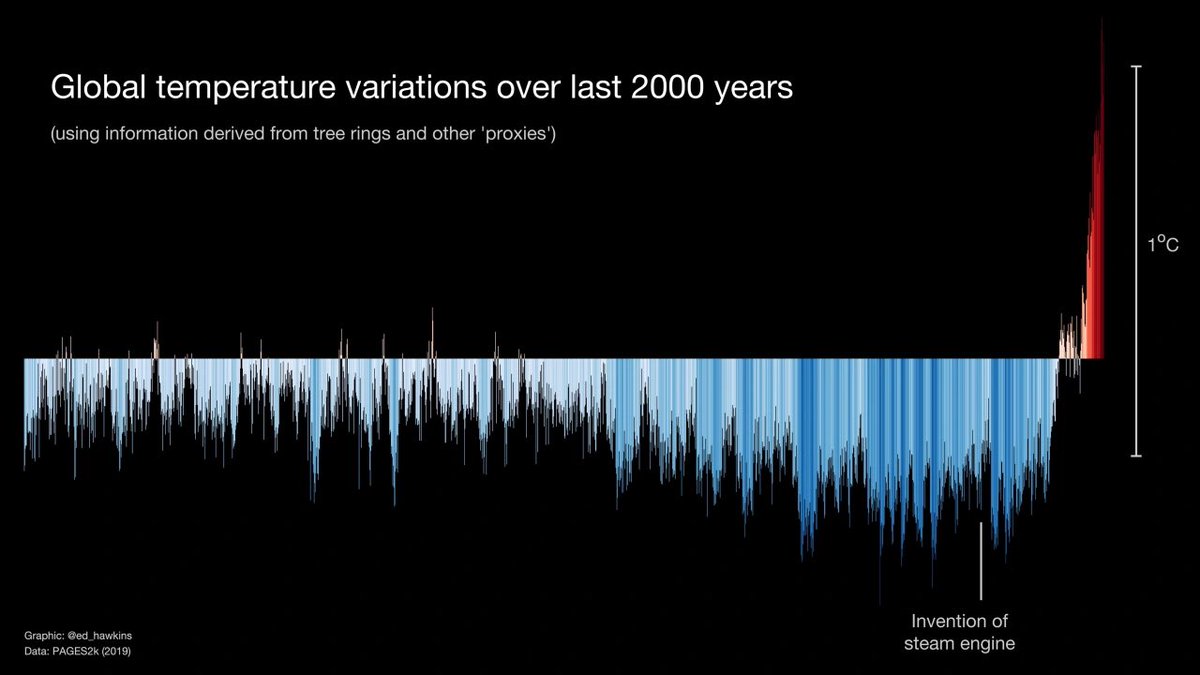 The most startling of all #ShowYourStripes graphics from <a href="/ed_hawkins/">Ed Hawkins</a> goes back 2000 years using the PAGES2K proxy data collaboration. Modest cooling over the last 1000 years leading to abrupt an global temperature spike in the last 100. Get your stripes: ShowYourStripes.info