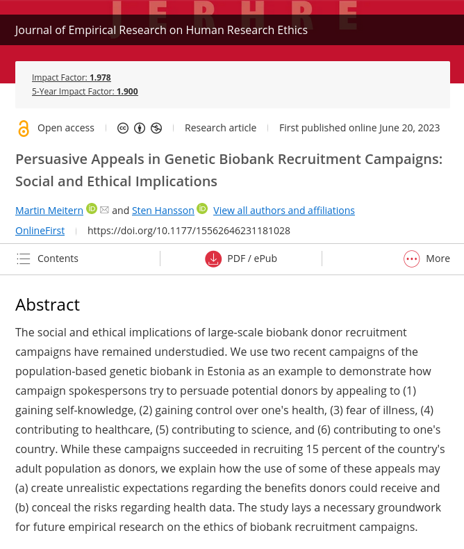 New article out now on the ethics of biobank recruitment campaigns w/ @martinmeitern journals.sagepub.com/doi/10.1177/15… #researchethics #genomics #SciComm