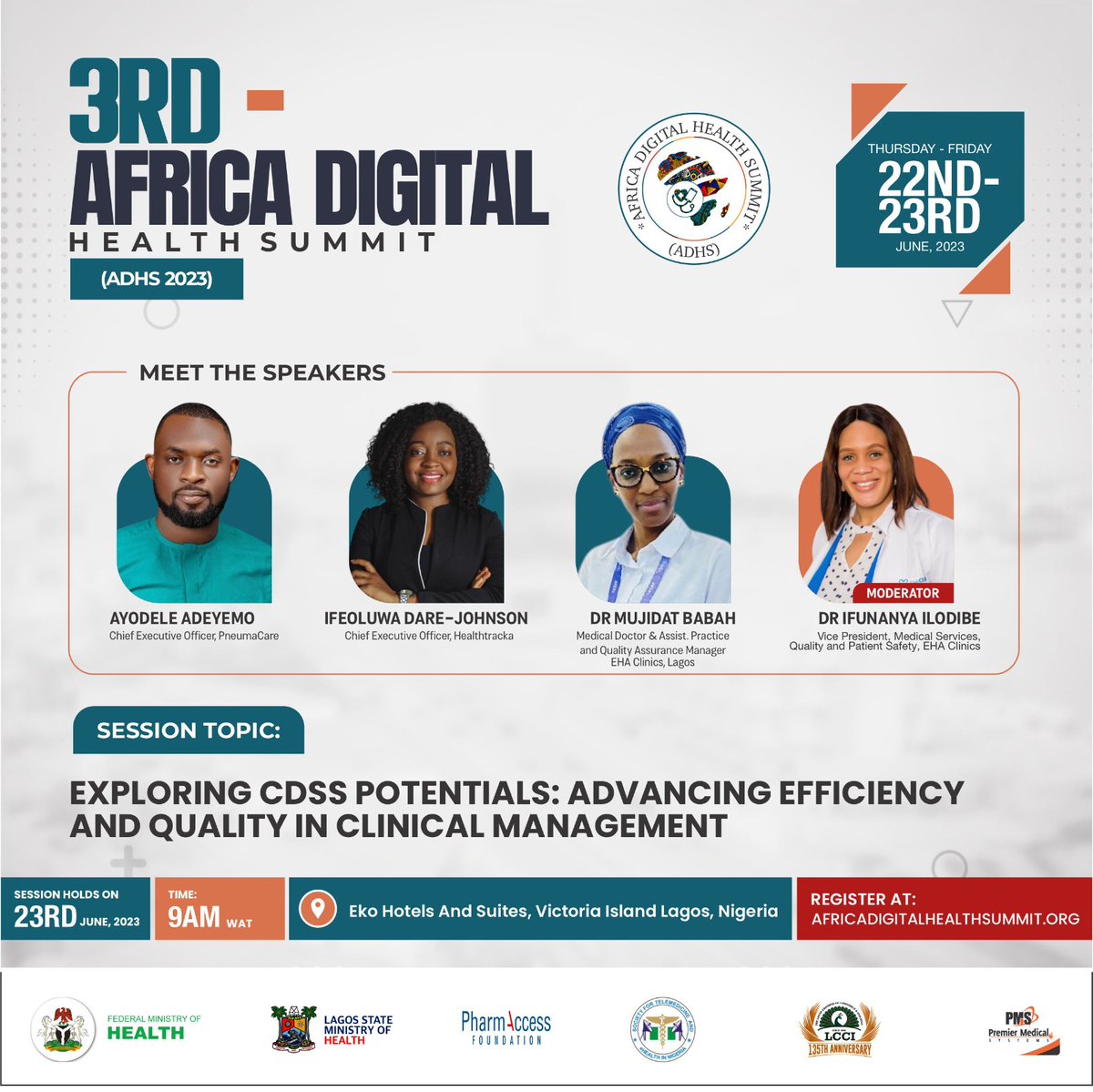 Don't miss our panel discussion featuring #EHAClinics excellent medical professionals at the 3rd Africa Digital Health Summit 2023. 
Visit adhsummit.org to learn more and participate in this insightful Summit!
#EHAClinics #ADHS2023 #DigitalHealth #HealthcareRevolution