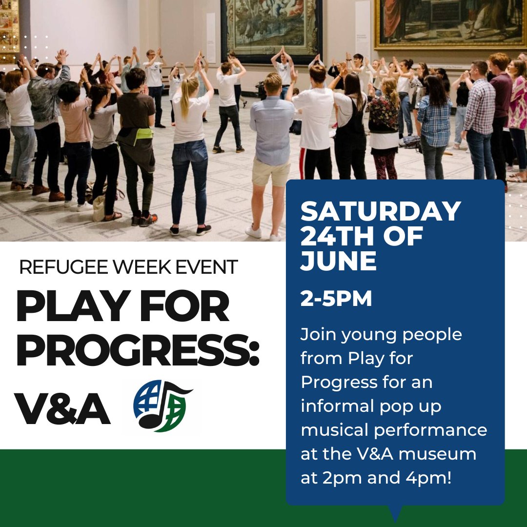 Join Play for Progress next Saturday 24th of June to celebrate Refugee Week!

PfP staff and young people will be at the V&amp;A Museum for an informal pop-up musical performance. There will be 2 performances, one at 2pm and one at 4pm 🥁🎷
vam.ac.uk/event/Ne3nN4NM…