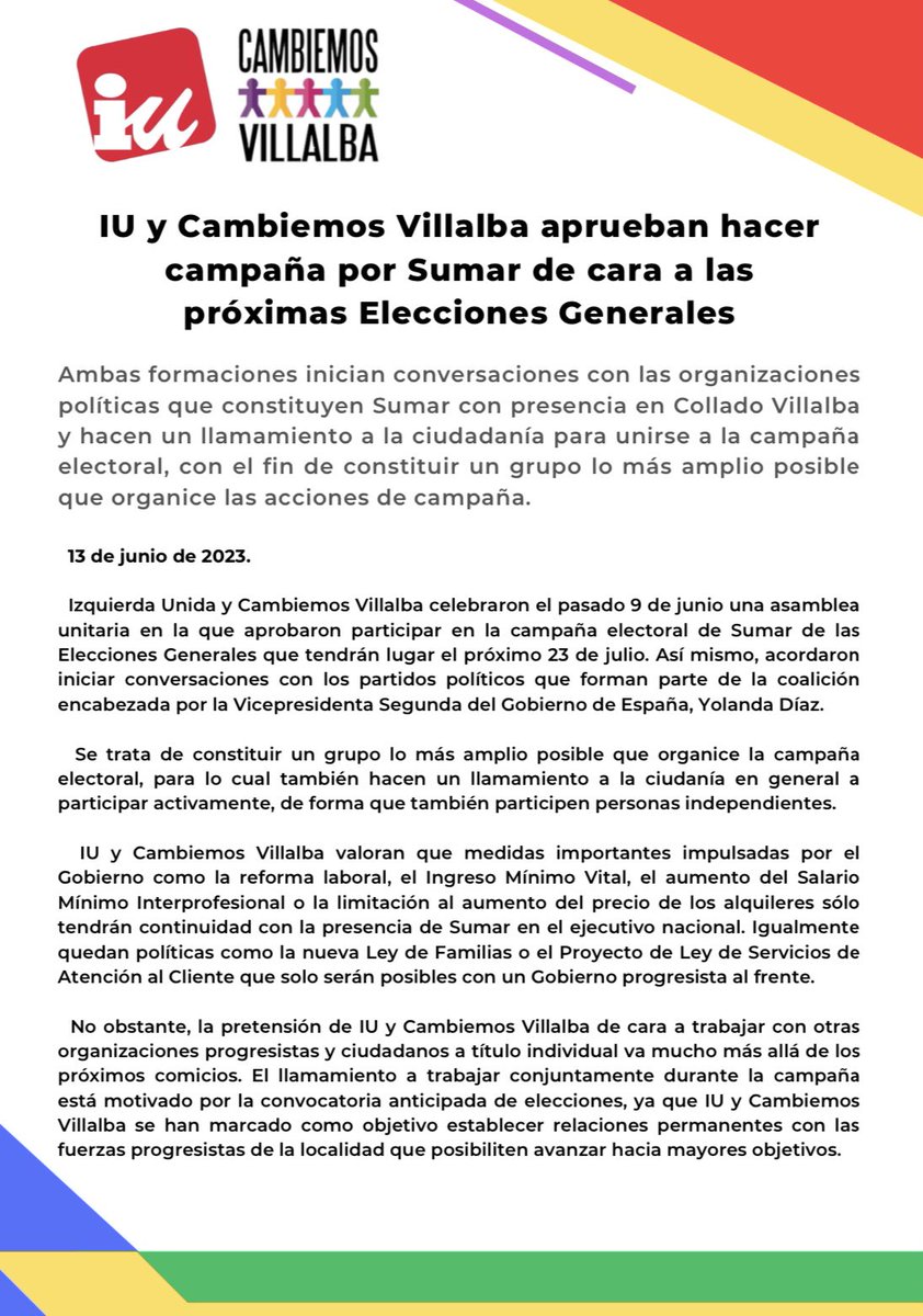 ➡️ ¡Desde <a href="/iucvillalba/">IU Collado Villalba🔻</a> y <a href="/CambiemosV/">Cambiemos Villalba</a> hacemos campaña por <a href="/sumar/">Sumar</a> de cara a las Elecciones Generales (23J)! 

‼️Si estáis interesadas en participar, escribidnos por privado o comentad en esta publicación y os contactaremos para compartir las instrucciones. 🙂

¡Seguimos! 🙌🏻💜