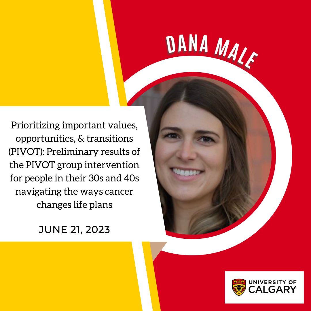 Dana Male will be presenting: 'Prioritizing important values, opportunities, & transitions (PIVOT): Preliminary results of the PIVOT group intervention for people in their 30s and 40s navigating the ways cancer changes life plans' @CARE4Kids_YYC @SchulteFiona #CAPO2023