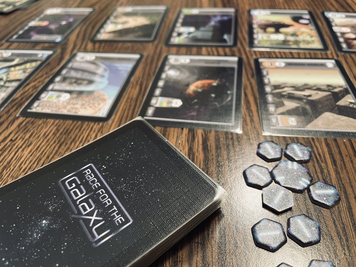 BoardGameBang's tweet photo. We played #RaceForTheGalaxy in meatspace for the first time in… *checks bgstats*… 
3 years! 😮

Choyeon is much better than the app’s AI opponents, but she was too slow this time.

#boardgames #보드게임 #TomLehmann https://t.co/qLoi7maxtc