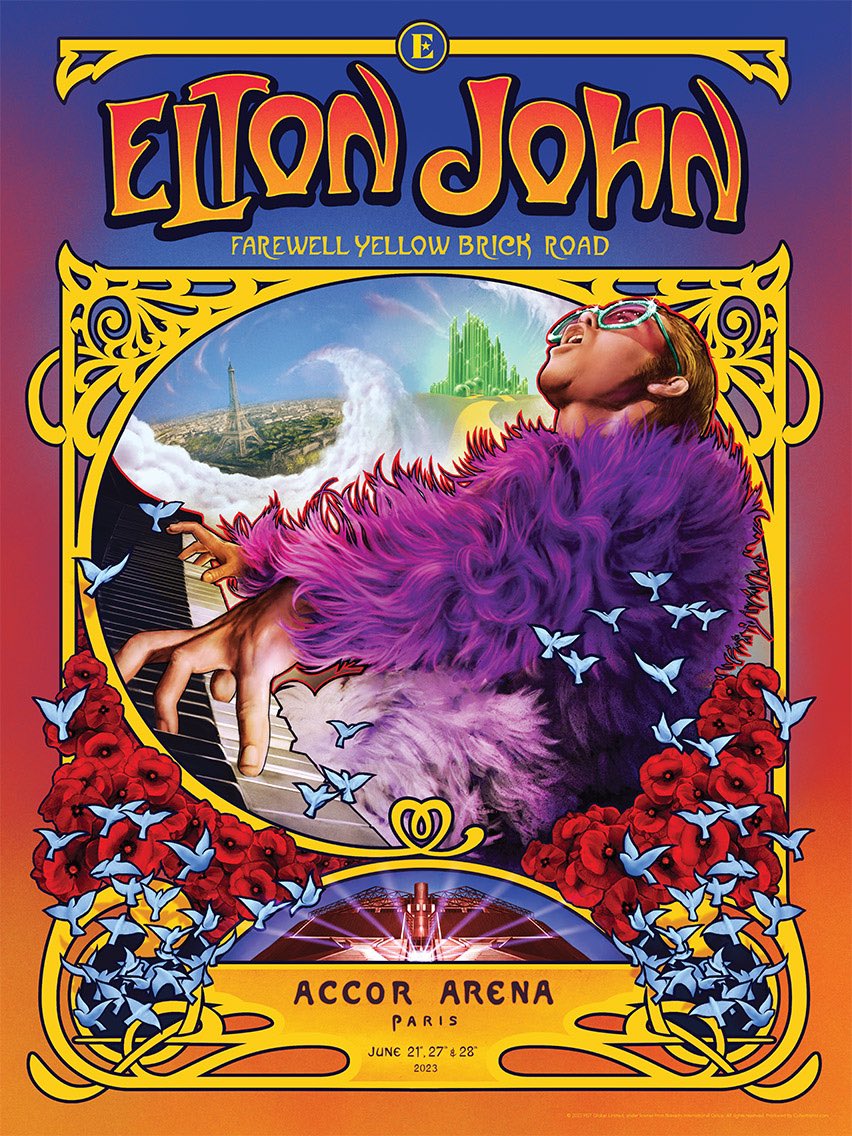 DaveMerrell's tweet photo. What an honour to illustrate the official gig poster for our national treasure, the one and only @eltonofficial , as he begins the Paris leg of his ‘Farewell Yellow Brick Road’ tour. 

🎨 produced for @collectionzz 

#EltonJohn #gig #poster #Paris #farewellyellowbrickroad https://t.co/YH65RkHR9Q