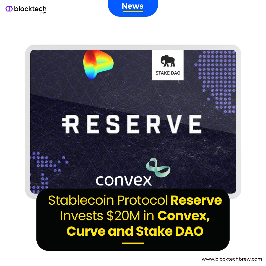 blocktechbrew's tweet photo. The #Stablecoin protocol "Reserve" is investing $20 million into the governance tokens of yield farming apps "Curve" (CRV), "Convex" (CVX) and @StakeDAO (SDT).
#CryptoNews #Investment #Reserve #Funding #BlocktechBrew https://t.co/m4FXjVDSU8