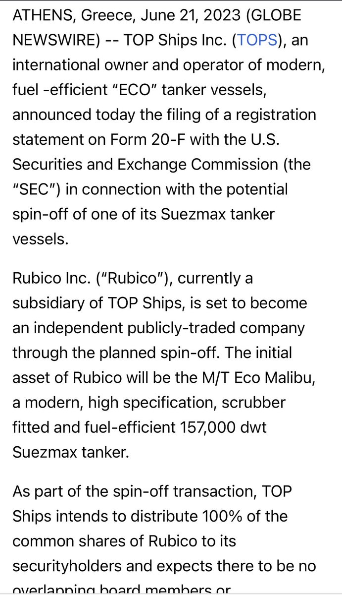 $TOPS - They are spinning off ONE Suezmax into a new publicly traded company that will trade on the OTCQX 🤦🏽‍♂️.

This is the worst spin off I’ve ever seen yet . Why TOPS is the worst of the worst. $IMPP $PSHG $OP
