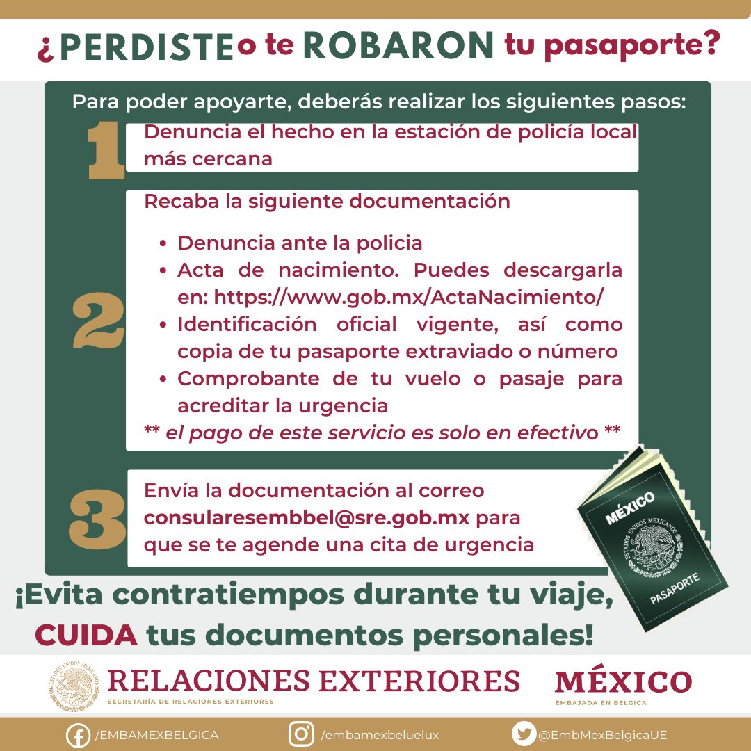 Durante las vacaciones, recuerden siempre resguardar sus documentos de viaje. ⚠️Pero en caso de emergencias ¡Nuestra Sección Consular 🇲🇽 puede ayudar! 

Soliciten sus citas de emergencia siguiendo éstos pasos: