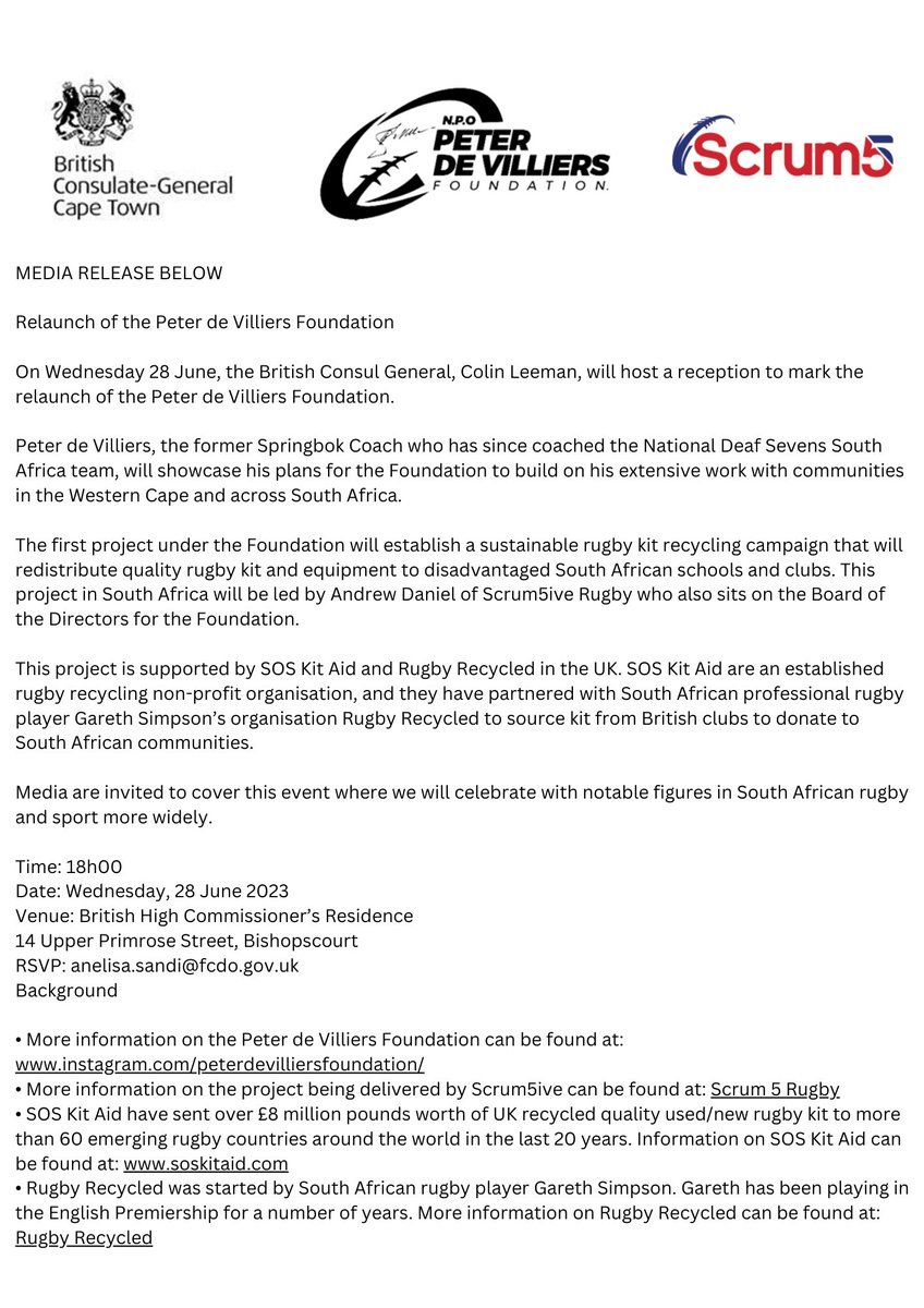 THE PETER DE VILLIERS RELAUNCH

MEDIA RELEASE BELOW